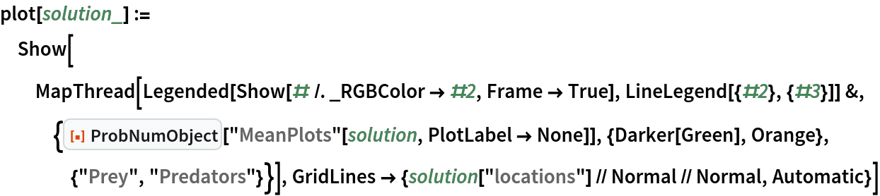 plot[solution_] := Show[MapThread[
   Legended[Show[# /. _RGBColor -> #2, Frame -> True], LineLegend[{#2}, {#3}]] &, {ResourceFunction["ProbNumObject"][
     "MeanPlots"[solution, PlotLabel -> None]], {Darker[Green], Orange}, {"Prey", "Predators"}}], GridLines -> {solution["locations"] // Normal // Normal, Automatic}]