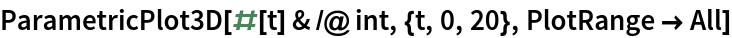 ParametricPlot3D[#[t] & /@ int, {t, 0, 20}, PlotRange -> All]
