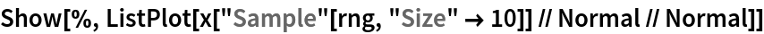 Show[%, ListPlot[x["Sample"[rng, "Size" -> 10]] // Normal // Normal]]