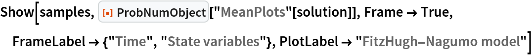 Show[samples, ResourceFunction["ProbNumObject"]["MeanPlots"[solution]], Frame -> True, FrameLabel -> {"Time", "State variables"}, PlotLabel -> "FitzHugh-Nagumo model"]