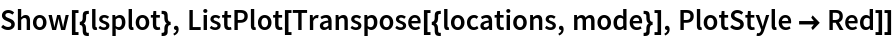 Show[{lsplot}, ListPlot[Transpose[{locations, mode}], PlotStyle -> Red]]