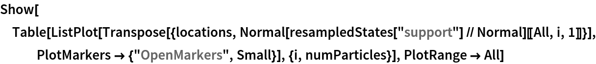 Show[Table[
  ListPlot[Transpose[{locations, Normal[resampledStates["support"] // Normal][[All, i, 1]]}], PlotMarkers -> {"OpenMarkers", Small}], {i, numParticles}], PlotRange -> All]