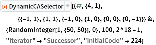 ResourceFunction["DynamicCASelector"][{#, {4, 1},
   {{-1, 1}, {1, 1}, {-1, 0}, {1, 0}, {0, 0}, {0, -1}}} &,
 {RandomInteger[1, {50, 50}], 0}, 100, 2^18 - 1,
 "Iterator" -> "Successor", "InitialCode" -> 224]