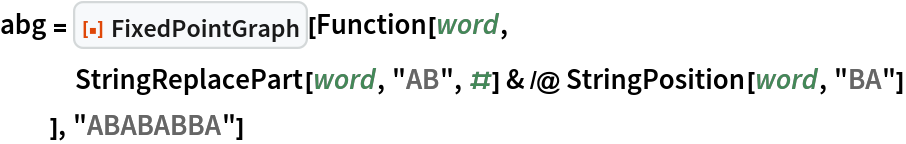 abg = ResourceFunction["FixedPointGraph"][Function[word,
   StringReplacePart[word, "AB", #] & /@ StringPosition[word, "BA"]
   ], "ABABABBA"]