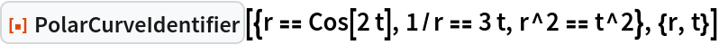 ResourceFunction["PolarCurveIdentifier", ResourceVersion->"1.0.0"][{r == Cos[2 t], 1/r == 3 t, r^2 == t^2}, {r, t}]