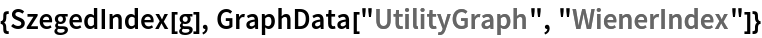 {SzegedIndex[g], GraphData["UtilityGraph", "WienerIndex"]}