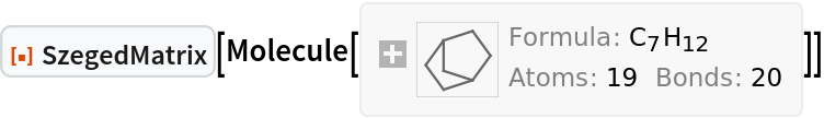 ResourceFunction["SzegedMatrix"][
Molecule[{"C", "C", "C", "C", "C", "C", "C", "H", "H", "H", "H", "H", "H", "H", "H", "H", "H", "H", "H"}, {
Bond[{1, 2}, "Single"], 
Bond[{2, 3}, "Single"], 
Bond[{3, 4}, "Single"], 
Bond[{4, 5}, "Single"], 
Bond[{5, 6}, "Single"], 
Bond[{6, 7}, "Single"], 
Bond[{6, 1}, "Single"], 
Bond[{7, 3}, "Single"], 
Bond[{1, 8}, "Single"], 
Bond[{1, 9}, "Single"], 
Bond[{2, 10}, "Single"], 
Bond[{2, 11}, "Single"], 
Bond[{3, 12}, "Single"], 
Bond[{4, 13}, "Single"], 
Bond[{4, 14}, "Single"], 
Bond[{5, 15}, "Single"], 
Bond[{5, 16}, "Single"], 
Bond[{6, 17}, "Single"], 
Bond[{7, 18}, "Single"], 
Bond[{7, 19}, "Single"]}, {}]]