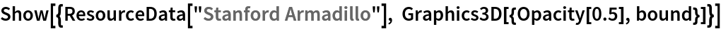 Show[{ResourceData[\!\(\*
TagBox["\"\<Stanford Armadillo\>\"",
#& ,
BoxID -> "ResourceTag-Stanford Armadillo-Input",
AutoDelete->True]\)], Graphics3D[{Opacity[0.5], bound}]}]