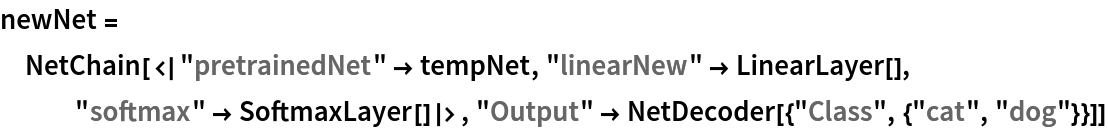 newNet = NetChain[<|"pretrainedNet" -> tempNet, "linearNew" -> LinearLayer[], "softmax" -> SoftmaxLayer[]|>, "Output" -> NetDecoder[{"Class", {"cat", "dog"}}]]