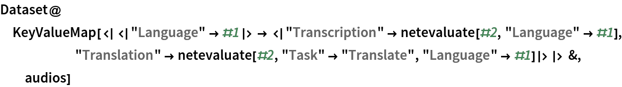 Dataset@KeyValueMap[<|<|"Language" -> #1|> -> <|
      "Transcription" -> netevaluate[#2, "Language" -> #1], "Translation" -> netevaluate[#2, "Task" -> "Translate", "Language" -> #1]|>|> &,
   audios]