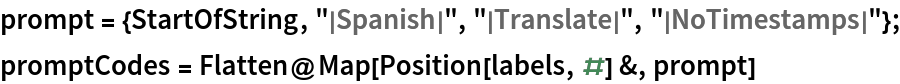 prompt = {StartOfString, "|Spanish|", "|Translate|", "|NoTimestamps|"};
promptCodes = Flatten@Map[Position[labels, #] &, prompt]