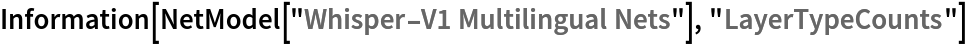 Information[
 NetModel["Whisper-V1 Multilingual Nets"], "LayerTypeCounts"]