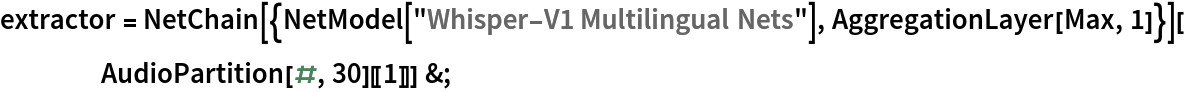 extractor = NetChain[{NetModel["Whisper-V1 Multilingual Nets"], AggregationLayer[Max, 1]}][AudioPartition[#, 30][[1]]] &;