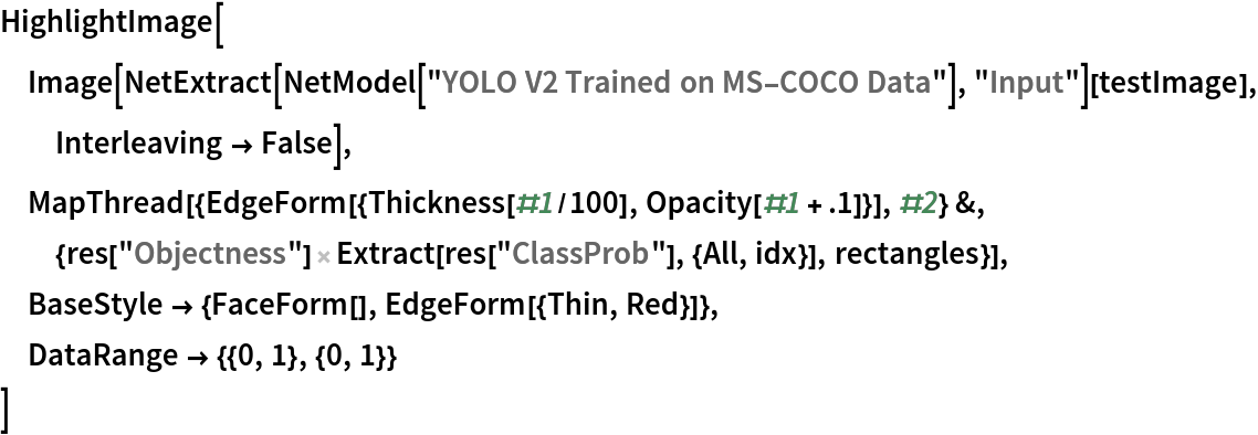 HighlightImage[
 Image[NetExtract[NetModel["YOLO V2 Trained on MS-COCO Data"], "Input"][testImage], Interleaving -> False],
 MapThread[{EdgeForm[{Thickness[#1/100], Opacity[#1 + .1]}], #2} &, {res["Objectness"] Extract[
     res["ClassProb"], {All, idx}], rectangles}],
 BaseStyle -> {FaceForm[], EdgeForm[{Thin, Red}]},
 DataRange -> {{0, 1}, {0, 1}}
 ]