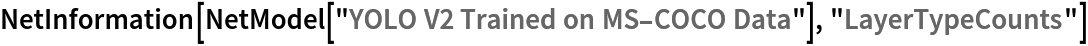 NetInformation[
 NetModel["YOLO V2 Trained on MS-COCO Data"], "LayerTypeCounts"]