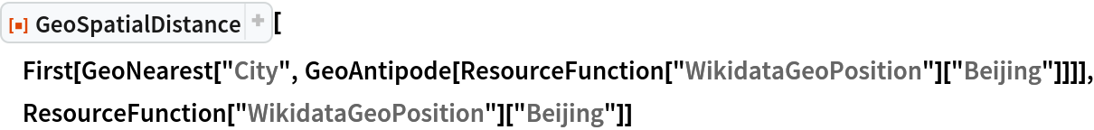 ResourceFunction["GeoSpatialDistance"][
 First[GeoNearest["City", GeoAntipode[ResourceFunction["WikidataGeoPosition"]["Beijing"]]]], ResourceFunction["WikidataGeoPosition"]["Beijing"]]