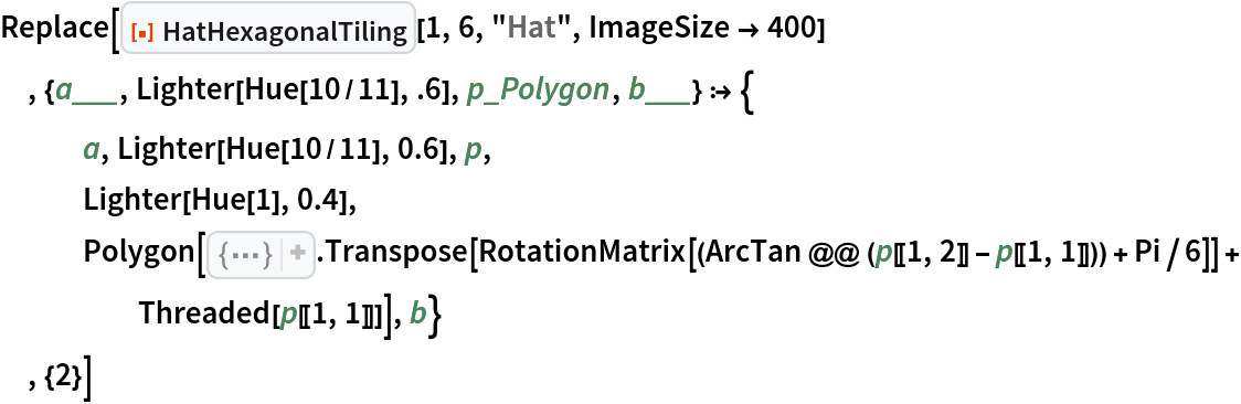 Replace[ResourceFunction["HatHexagonalTiling"][1, 6, "Hat", ImageSize -> 400]
 , {a___, Lighter[Hue[10/11], .6], p_Polygon, b___} :> {
   a, Lighter[Hue[10/11], 0.6], p,
   Lighter[Hue[1], 0.4], Polygon[{{
Rational[-3, 2], Rational[1, 2] 3^Rational[1, 2]}, {
Rational[-3, 2], Rational[3, 2] 3^Rational[1, 2]}, {
Rational[-1, 2], Rational[3, 2] 3^Rational[1, 2]}, {
Rational[1, 2], Rational[5, 2] 3^Rational[1, 2]}, {0, 3 3^Rational[1, 2]}, {
Rational[-3, 2], Rational[5, 2] 3^Rational[1, 2]}, {-3, 3 3^Rational[1, 2]}, {
Rational[-7, 2], Rational[5, 2] 3^Rational[1, 2]}, {
Rational[-9, 2], Rational[5, 2] 3^Rational[1, 2]}, {
Rational[-9, 2], Rational[3, 2] 3^Rational[1, 2]}, {-3, 3^Rational[1, 2]}, {
Rational[-7, 2], Rational[1, 2] 3^Rational[1, 2]}, {-3, 0}} . Transpose[
       RotationMatrix[(ArcTan @@ (p[[1, 2]] - p[[1, 1]])) + Pi/6]] + Threaded[p[[1, 1]]]], b}
 , {2}]