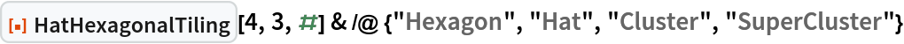 ResourceFunction["HatHexagonalTiling"][4, 3, #] & /@ {"Hexagon", "Hat", "Cluster", "SuperCluster"}