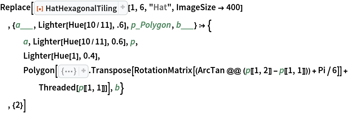 Replace[ResourceFunction["HatHexagonalTiling"][1, 6, "Hat", ImageSize -> 400]
 , {a___, Lighter[Hue[10/11], .6], p_Polygon, b___} :> {
   a, Lighter[Hue[10/11], 0.6], p,
   Lighter[Hue[1], 0.4], Polygon[{{
Rational[-3, 2], Rational[1, 2] 3^Rational[1, 2]}, {
Rational[-3, 2], Rational[3, 2] 3^Rational[1, 2]}, {
Rational[-1, 2], Rational[3, 2] 3^Rational[1, 2]}, {
Rational[1, 2], Rational[5, 2] 3^Rational[1, 2]}, {0, 3 3^Rational[1, 2]}, {
Rational[-3, 2], Rational[5, 2] 3^Rational[1, 2]}, {-3, 3 3^Rational[1, 2]}, {
Rational[-7, 2], Rational[5, 2] 3^Rational[1, 2]}, {
Rational[-9, 2], Rational[5, 2] 3^Rational[1, 2]}, {
Rational[-9, 2], Rational[3, 2] 3^Rational[1, 2]}, {-3, 3^Rational[1, 2]}, {
Rational[-7, 2], Rational[1, 2] 3^Rational[1, 2]}, {-3, 0}} . Transpose[
       RotationMatrix[(ArcTan @@ (p[[1, 2]] - p[[1, 1]])) + Pi/6]] + Threaded[p[[1, 1]]]], b}
 , {2}]