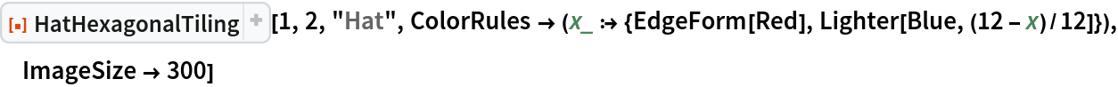 ResourceFunction["HatHexagonalTiling"][1, 2, "Hat", ColorRules -> (x_ :> {EdgeForm[Red], Lighter[Blue, (12 - x)/12]}), ImageSize -> 300]