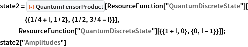 state2 = ResourceFunction["QuantumTensorProduct"][
   ResourceFunction[
     "QuantumDiscreteState"][{{1/4 + I, 1/2}, {1/2, 3/4 - I}}], ResourceFunction["QuantumDiscreteState"][{{1 + I, 0}, {0, I - 1}}]];
state2["Amplitudes"]