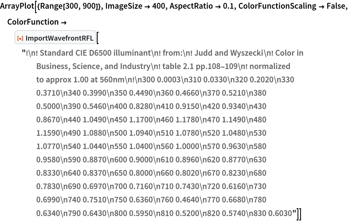 ArrayPlot[{Range[300, 900]}, ImageSize -> 400, AspectRatio -> 0.1, ColorFunctionScaling -> False, ColorFunction -> ResourceFunction["ImportWavefrontRFL"][
   "!\n! Standard CIE D6500 illuminant\n! from:\n! Judd and Wyszecki\n! Color in Business, Science, and Industry\n! table 2.1 pp.108-109\n! normalized to approx 1.00 at 560nm\n!\n300 0.0003\n310 0.0330\n320 0.2020\n330 0.3710\n340 0.3990\n350 0.4490\n360 0.4660\n370 0.5210\n380 0.5000\n390 0.5460\n400 0.8280\n410 0.9150\n420 0.9340\n430 0.8670\n440 1.0490\n450 1.1700\n460 1.1780\n470 1.1490\n480 1.1590\n490 1.0880\n500 1.0940\n510 1.0780\n520 1.0480\n530 1.0770\n540 1.0440\n550 1.0400\n560 1.0000\n570 0.9630\n580 0.9580\n590 0.8870\n600 0.9000\n610 0.8960\n620 0.8770\n630 0.8330\n640 0.8370\n650 0.8000\n660 0.8020\n670 0.8230\n680 0.7830\n690 0.6970\n700 0.7160\n710 0.7430\n720 0.6160\n730 0.6990\n740 0.7510\n750 0.6360\n760 0.4640\n770 0.6680\n780 0.6340\n790 0.6430\n800 0.5950\n810 0.5200\n820 0.5740\n830 0.6030"]]