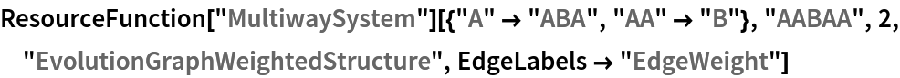 ResourceFunction["MultiwaySystem"][{"A" -> "ABA", "AA" -> "B"}, "AABAA", 2, "EvolutionGraphWeightedStructure", EdgeLabels -> "EdgeWeight"]