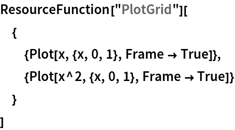 ResourceFunction["PlotGrid"][
 {
  {Plot[x, {x, 0, 1}, Frame -> True]},
  {Plot[x^2, {x, 0, 1}, Frame -> True]}
  }
 ]