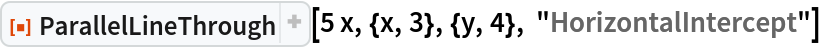 ResourceFunction["ParallelLineThrough"][
 5 x, {x, 3}, {y, 4}, "HorizontalIntercept"]