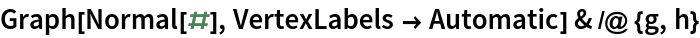 Graph[Normal[#], VertexLabels -> Automatic] & /@ {g, h}