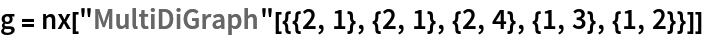 g = nx["MultiDiGraph"[{{2, 1}, {2, 1}, {2, 4}, {1, 3}, {1, 2}}]]