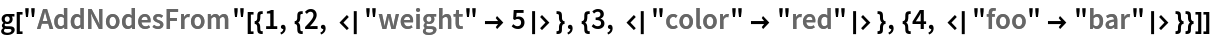 g["AddNodesFrom"[{1, {2, <|"weight" -> 5|>}, {3, <|
     "color" -> "red"|>}, {4, <|"foo" -> "bar"|>}}]]