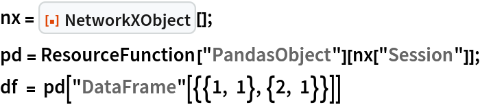 nx = ResourceFunction["NetworkXObject"][];
pd = ResourceFunction["PandasObject"][nx["Session"]];
df = pd["DataFrame"[{{1, 1}, {2, 1}}]]