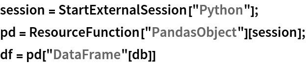 session = StartExternalSession["Python"];
pd = ResourceFunction["PandasObject"][session];
df = pd["DataFrame"[db]]