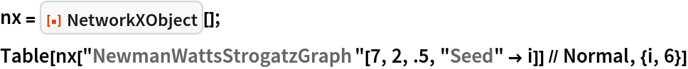 nx = ResourceFunction["NetworkXObject"][];
Table[nx["NewmanWattsStrogatzGraph"[7, 2, .5, "Seed" -> i]] // Normal, {i, 6}]