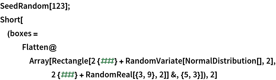 SeedRandom[123];
Short[(boxes = Flatten@Array[
     Rectangle[2 {##} + RandomVariate[NormalDistribution[], 2], 2 {##} + RandomReal[{3, 9}, 2]] &, {5, 3}]), 2]