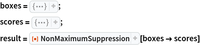 boxes = {
Rectangle[{3.241549223388991, 1.8258945791733319`}, {
    10.659287859633295`, 10.773294493394275`}], 
Rectangle[{0.4869914284730348, 4.321183643750274}, {5.369829888721986,
     9.31386702637484}], 
Rectangle[{2.2334201426158136`, 4.721638979849482}, {
    5.291543408030995, 12.769601273219152`}], 
Rectangle[{5.349846089859113, 2.8592299264608263`}, {
    12.259520398084739`, 5.65464262378527}], 
Rectangle[{5.419709227350725, 3.2032779499946393`}, {
    8.019495864892848, 7.597470779871912}], 
Rectangle[{2.9916342183590716`, 6.701712853508063}, {
    12.82951197826295, 10.889573073474823`}], 
Rectangle[{5.716124755621678, 4.016397691332317}, {
    12.634485498683249`, 9.030579596384047}], 
Rectangle[{4.318687518098674, 4.086673071150529}, {
    12.377658857900416`, 10.295175285987018`}], 
Rectangle[{5.254646844539921, 5.048321499467785}, {
    11.505305608427992`, 13.227130047971752`}], 
Rectangle[{8.231089286494171, 1.8404075028314466`}, {16.2229662869946,
     8.789967125833199}], 
Rectangle[{6.7403064092133205`, 4.533063177477215}, {
    14.410877169797764`, 9.89745177054213}], 
Rectangle[{9.862402933845159, 5.563175394985179}, {
    11.276877537331307`, 11.97757563169206}], 
Rectangle[{11.180782570286068`, 2.0918187606070013`}, {
    15.93179551146674, 5.471116257515766}], 
Rectangle[{9.160598972568872, 3.0721821586970166`}, {
    16.105158304284622`, 11.003417304165653`}], 
Rectangle[{9.199084080623214, 6.486880587531073}, {
    18.967352233543956`, 13.733293159109362`}]};
scores = {0.18372941641066354`, 0.7792523485576668, 0.7552787064436872, 0.20397739818471128`, 0.29873901258951774`, 0.5385959520846411, 0.0019547594798015044`, 0.7158017739163653, 0.16959589408147346`, 0.8582668907417819, 0.21215626418505606`, 0.304448649385447, 0.33974292946852325`, 0.4268902847722864, 0.3182413575132059};
result = ResourceFunction["NonMaximumSuppression"][boxes -> scores]