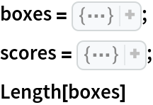 boxes = {
Rectangle[{3.241549223388991, 1.8258945791733319`}, {
    10.659287859633295`, 10.773294493394275`}], 
Rectangle[{0.4869914284730348, 4.321183643750274}, {5.369829888721986,
     9.31386702637484}], 
Rectangle[{2.2334201426158136`, 4.721638979849482}, {
    5.291543408030995, 12.769601273219152`}], 
Rectangle[{5.349846089859113, 2.8592299264608263`}, {
    12.259520398084739`, 5.65464262378527}], 
Rectangle[{5.419709227350725, 3.2032779499946393`}, {
    8.019495864892848, 7.597470779871912}], 
Rectangle[{2.9916342183590716`, 6.701712853508063}, {
    12.82951197826295, 10.889573073474823`}], 
Rectangle[{5.716124755621678, 4.016397691332317}, {
    12.634485498683249`, 9.030579596384047}], 
Rectangle[{4.318687518098674, 4.086673071150529}, {
    12.377658857900416`, 10.295175285987018`}], 
Rectangle[{5.254646844539921, 5.048321499467785}, {
    11.505305608427992`, 13.227130047971752`}], 
Rectangle[{8.231089286494171, 1.8404075028314466`}, {16.2229662869946,
     8.789967125833199}], 
Rectangle[{6.7403064092133205`, 4.533063177477215}, {
    14.410877169797764`, 9.89745177054213}], 
Rectangle[{9.862402933845159, 5.563175394985179}, {
    11.276877537331307`, 11.97757563169206}], 
Rectangle[{11.180782570286068`, 2.0918187606070013`}, {
    15.93179551146674, 5.471116257515766}], 
Rectangle[{9.160598972568872, 3.0721821586970166`}, {
    16.105158304284622`, 11.003417304165653`}], 
Rectangle[{9.199084080623214, 6.486880587531073}, {
    18.967352233543956`, 13.733293159109362`}]};
scores = {0.18372941641066354`, 0.7792523485576668, 0.7552787064436872, 0.20397739818471128`, 0.29873901258951774`, 0.5385959520846411, 0.0019547594798015044`, 0.7158017739163653, 0.16959589408147346`, 0.8582668907417819, 0.21215626418505606`, 0.304448649385447, 0.33974292946852325`, 0.4268902847722864, 0.3182413575132059};
Length[boxes]