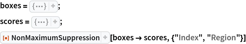 boxes = {
Rectangle[{3.241549223388991, 1.8258945791733319`}, {
    10.659287859633295`, 10.773294493394275`}], 
Rectangle[{0.4869914284730348, 4.321183643750274}, {5.369829888721986,
     9.31386702637484}], 
Rectangle[{2.2334201426158136`, 4.721638979849482}, {
    5.291543408030995, 12.769601273219152`}], 
Rectangle[{5.349846089859113, 2.8592299264608263`}, {
    12.259520398084739`, 5.65464262378527}], 
Rectangle[{5.419709227350725, 3.2032779499946393`}, {
    8.019495864892848, 7.597470779871912}], 
Rectangle[{2.9916342183590716`, 6.701712853508063}, {
    12.82951197826295, 10.889573073474823`}], 
Rectangle[{5.716124755621678, 4.016397691332317}, {
    12.634485498683249`, 9.030579596384047}], 
Rectangle[{4.318687518098674, 4.086673071150529}, {
    12.377658857900416`, 10.295175285987018`}], 
Rectangle[{5.254646844539921, 5.048321499467785}, {
    11.505305608427992`, 13.227130047971752`}], 
Rectangle[{8.231089286494171, 1.8404075028314466`}, {16.2229662869946,
     8.789967125833199}], 
Rectangle[{6.7403064092133205`, 4.533063177477215}, {
    14.410877169797764`, 9.89745177054213}], 
Rectangle[{9.862402933845159, 5.563175394985179}, {
    11.276877537331307`, 11.97757563169206}], 
Rectangle[{11.180782570286068`, 2.0918187606070013`}, {
    15.93179551146674, 5.471116257515766}], 
Rectangle[{9.160598972568872, 3.0721821586970166`}, {
    16.105158304284622`, 11.003417304165653`}], 
Rectangle[{9.199084080623214, 6.486880587531073}, {
    18.967352233543956`, 13.733293159109362`}]};
scores = {0.18372941641066354`, 0.7792523485576668, 0.7552787064436872, 0.20397739818471128`, 0.29873901258951774`, 0.5385959520846411, 0.0019547594798015044`, 0.7158017739163653, 0.16959589408147346`, 0.8582668907417819, 0.21215626418505606`, 0.304448649385447, 0.33974292946852325`, 0.4268902847722864, 0.3182413575132059};
ResourceFunction["NonMaximumSuppression"][
 boxes -> scores, {"Index", "Region"}]