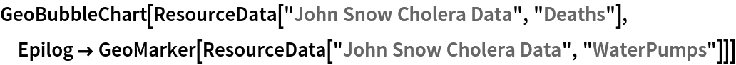 GeoBubbleChart[ResourceData[\!\(\*
TagBox["\"\<John Snow Cholera Data\>\"",
#& ,
BoxID -> "ResourceTag-John Snow Cholera Data-Input",
AutoDelete->True]\), "Deaths"], Epilog -> GeoMarker[ResourceData[\!\(\*
TagBox["\"\<John Snow Cholera Data\>\"",
#& ,
BoxID -> "ResourceTag-John Snow Cholera Data-Input",
AutoDelete->True]\), "WaterPumps"]]]