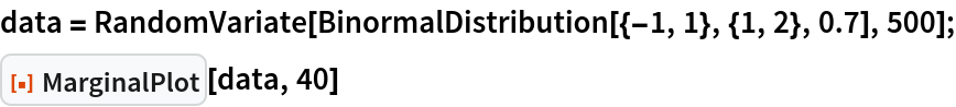 data = RandomVariate[BinormalDistribution[{-1, 1}, {1, 2}, 0.7], 500];
ResourceFunction["MarginalPlot"][data, 40]