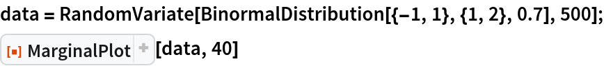 data = RandomVariate[BinormalDistribution[{-1, 1}, {1, 2}, 0.7], 500];
ResourceFunction["MarginalPlot"][data, 40]