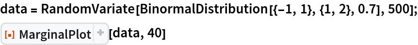 data = RandomVariate[BinormalDistribution[{-1, 1}, {1, 2}, 0.7], 500];
ResourceFunction[
 "MarginalPlot", ResourceSystemBase -> "https://www.wolframcloud.com/obj/resourcesystem/api/1.0"][data, 40]