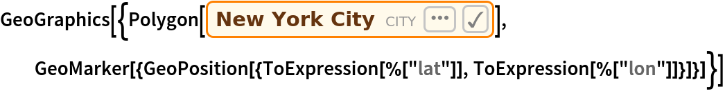 GeoGraphics[{Polygon[\!\(\*
NamespaceBox["LinguisticAssistant",
DynamicModuleBox[{Typeset`query$$ = "NYC", Typeset`boxes$$ = TemplateBox[{"\"New York City\"", 
RowBox[{"Entity", "[", 
RowBox[{"\"City\"", ",", 
RowBox[{"{", 
RowBox[{"\"NewYork\"", ",", "\"NewYork\"", ",", "\"UnitedStates\""}], "}"}]}], "]"}], "\"Entity[\\\"City\\\", {\\\"NewYork\\\", \\\"NewYork\\\", \\\"UnitedStates\\\"}]\"", "\"city\""}, "Entity"], Typeset`allassumptions$$ = {{"type" -> "Clash", "word" -> "NYC", "template" -> "Assuming \"${word}\" is ${desc1}. Use as ${desc2} instead", "count" -> "2", "Values" -> {{"name" -> "City", "desc" -> "a city", "input" -> "*C.NYC-_*City-"}, {"name" -> "VisualArts", "desc" -> "a photograph", "input" -> "*C.NYC-_*VisualArts-"}}}}, Typeset`assumptions$$ = {}, Typeset`open$$ = {1, 2}, Typeset`querystate$$ = {"Online" -> True, "Allowed" -> True, "mparse.jsp" -> 1.298379, "Messages" -> {}}}, 
DynamicBox[ToBoxes[
AlphaIntegration`LinguisticAssistantBoxes["", 4, Automatic, 
Dynamic[Typeset`query$$], 
Dynamic[Typeset`boxes$$], 
Dynamic[Typeset`allassumptions$$], 
Dynamic[Typeset`assumptions$$], 
Dynamic[Typeset`open$$], 
Dynamic[Typeset`querystate$$]], StandardForm],
ImageSizeCache->{186.25, {8.125, 17.125}},
TrackedSymbols:>{Typeset`query$$, Typeset`boxes$$, Typeset`allassumptions$$, Typeset`assumptions$$, Typeset`open$$, Typeset`querystate$$}],
DynamicModuleValues:>{},
UndoTrackedVariables:>{Typeset`open$$}],
BaseStyle->{"Deploy"},
DeleteWithContents->True,
Editable->False,
SelectWithContents->True]\)], GeoMarker[{GeoPosition[{ToExpression[%["lat"]], ToExpression[%["lon"]]}]}]}]