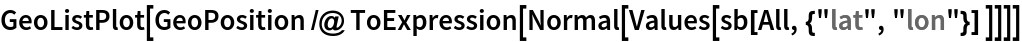 GeoListPlot[
 GeoPosition /@ ToExpression[Normal[Values[sb[All, {"lat", "lon"}] ]]]]