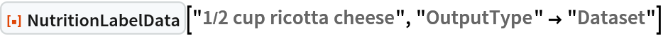 ResourceFunction[
 "NutritionLabelData", ResourceSystemBase -> "https://www.wolframcloud.com/obj/resourcesystem/api/1.0"]["1/2 cup ricotta cheese", "OutputType" -> "Dataset"]