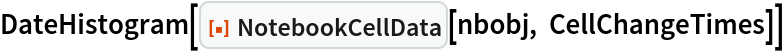 DateHistogram[
 ResourceFunction["NotebookCellData"][nbobj, CellChangeTimes]]