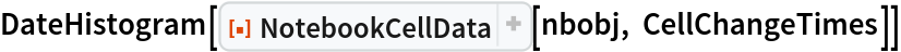 DateHistogram[
 ResourceFunction[
  "NotebookCellData", ResourceSystemBase -> "https://www.wolframcloud.com/obj/resourcesystem/api/1.0"][nbobj, CellChangeTimes]]