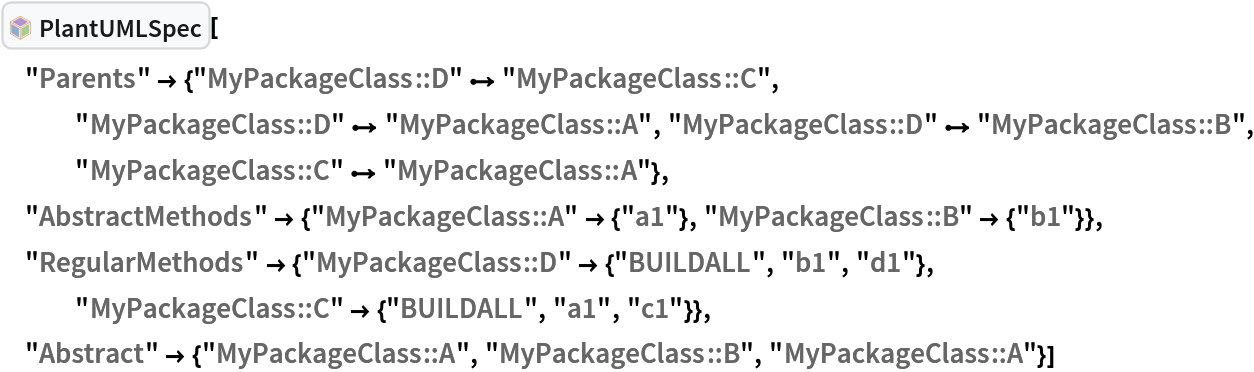 InterpretationBox[FrameBox[TagBox[TooltipBox[PaneBox[GridBox[List[List[GraphicsBox[List[Thickness[0.0025`], List[FaceForm[List[RGBColor[0.9607843137254902`, 0.5058823529411764`, 0.19607843137254902`], Opacity[1.`]]], FilledCurveBox[List[List[List[0, 2, 0], List[0, 1, 0], List[0, 1, 0], List[0, 1, 0], List[0, 1, 0]], List[List[0, 2, 0], List[0, 1, 0], List[0, 1, 0], List[0, 1, 0], List[0, 1, 0]], List[List[0, 2, 0], List[0, 1, 0], List[0, 1, 0], List[0, 1, 0], List[0, 1, 0], List[0, 1, 0]], List[List[0, 2, 0], List[1, 3, 3], List[0, 1, 0], List[1, 3, 3], List[0, 1, 0], List[1, 3, 3], List[0, 1, 0], List[1, 3, 3], List[1, 3, 3], List[0, 1, 0], List[1, 3, 3], List[0, 1, 0], List[1, 3, 3]]], List[List[List[205.`, 22.863691329956055`], List[205.`, 212.31669425964355`], List[246.01799774169922`, 235.99870109558105`], List[369.0710144042969`, 307.0436840057373`], List[369.0710144042969`, 117.59068870544434`], List[205.`, 22.863691329956055`]], List[List[30.928985595703125`, 307.0436840057373`], List[153.98200225830078`, 235.99870109558105`], List[195.`, 212.31669425964355`], List[195.`, 22.863691329956055`], List[30.928985595703125`, 117.59068870544434`], List[30.928985595703125`, 307.0436840057373`]], List[List[200.`, 410.42970085144043`], List[364.0710144042969`, 315.7036876678467`], List[241.01799774169922`, 244.65868949890137`], List[200.`, 220.97669792175293`], List[158.98200225830078`, 244.65868949890137`], List[35.928985595703125`, 315.7036876678467`], List[200.`, 410.42970085144043`]], List[List[376.5710144042969`, 320.03370475769043`], List[202.5`, 420.53370475769043`], List[200.95300006866455`, 421.42667961120605`], List[199.04699993133545`, 421.42667961120605`], List[197.5`, 420.53370475769043`], List[23.428985595703125`, 320.03370475769043`], List[21.882003784179688`, 319.1406993865967`], List[20.928985595703125`, 317.4896984100342`], List[20.928985595703125`, 315.7036876678467`], List[20.928985595703125`, 114.70369529724121`], List[20.928985595703125`, 112.91769218444824`], List[21.882003784179688`, 111.26669120788574`], List[23.428985595703125`, 110.37369346618652`], List[197.5`, 9.87369155883789`], List[198.27300024032593`, 9.426692008972168`], List[199.13700008392334`, 9.203690528869629`], List[200.`, 9.203690528869629`], List[200.86299991607666`, 9.203690528869629`], List[201.72699999809265`, 9.426692008972168`], List[202.5`, 9.87369155883789`], List[376.5710144042969`, 110.37369346618652`], List[378.1179962158203`, 111.26669120788574`], List[379.0710144042969`, 112.91769218444824`], List[379.0710144042969`, 114.70369529724121`], List[379.0710144042969`, 315.7036876678467`], List[379.0710144042969`, 317.4896984100342`], List[378.1179962158203`, 319.1406993865967`], List[376.5710144042969`, 320.03370475769043`]]]]], List[FaceForm[List[RGBColor[0.5529411764705883`, 0.6745098039215687`, 0.8117647058823529`], Opacity[1.`]]], FilledCurveBox[List[List[List[0, 2, 0], List[0, 1, 0], List[0, 1, 0], List[0, 1, 0]]], List[List[List[44.92900085449219`, 282.59088134765625`], List[181.00001525878906`, 204.0298843383789`], List[181.00001525878906`, 46.90887451171875`], List[44.92900085449219`, 125.46986389160156`], List[44.92900085449219`, 282.59088134765625`]]]]], List[FaceForm[List[RGBColor[0.6627450980392157`, 0.803921568627451`, 0.5686274509803921`], Opacity[1.`]]], FilledCurveBox[List[List[List[0, 2, 0], List[0, 1, 0], List[0, 1, 0], List[0, 1, 0]]], List[List[List[355.0710144042969`, 282.59088134765625`], List[355.0710144042969`, 125.46986389160156`], List[219.`, 46.90887451171875`], List[219.`, 204.0298843383789`], List[355.0710144042969`, 282.59088134765625`]]]]], List[FaceForm[List[RGBColor[0.6901960784313725`, 0.5882352941176471`, 0.8117647058823529`], Opacity[1.`]]], FilledCurveBox[List[List[List[0, 2, 0], List[0, 1, 0], List[0, 1, 0], List[0, 1, 0]]], List[List[List[200.`, 394.0606994628906`], List[336.0710144042969`, 315.4997024536133`], List[200.`, 236.93968200683594`], List[63.928985595703125`, 315.4997024536133`], List[200.`, 394.0606994628906`]]]]]], List[Rule[BaselinePosition, Scaled[0.15`]], Rule[ImageSize, 10], Rule[ImageSize, 15]]], StyleBox[RowBox[List["PlantUMLSpec", " "]], Rule[ShowAutoStyles, False], Rule[ShowStringCharacters, False], Rule[FontSize, Times[0.9`, Inherited]], Rule[FontColor, GrayLevel[0.1`]]]]], Rule[GridBoxSpacings, List[Rule["Columns", List[List[0.25`]]]]]], Rule[Alignment, List[Left, Baseline]], Rule[BaselinePosition, Baseline], Rule[FrameMargins, List[List[3, 0], List[0, 0]]], Rule[BaseStyle, List[Rule[LineSpacing, List[0, 0]], Rule[LineBreakWithin, False]]]], RowBox[List["PacletSymbol", "[", RowBox[List["\"AntonAntonov/UMLDiagramGeneration\"", ",", "\"AntonAntonov`UMLDiagramGeneration`PlantUMLSpec\""]], "]"]], Rule[TooltipStyle, List[Rule[ShowAutoStyles, True], Rule[ShowStringCharacters, True]]]], Function[Annotation[Slot[1], Style[Defer[PacletSymbol["AntonAntonov/UMLDiagramGeneration", "AntonAntonov`UMLDiagramGeneration`PlantUMLSpec"]], Rule[ShowStringCharacters, True]], "Tooltip"]]], Rule[Background, RGBColor[0.968`, 0.976`, 0.984`]], Rule[BaselinePosition, Baseline], Rule[DefaultBaseStyle, List[]], Rule[FrameMargins, List[List[0, 0], List[1, 1]]], Rule[FrameStyle, RGBColor[0.831`, 0.847`, 0.85`]], Rule[RoundingRadius, 4]], PacletSymbol["AntonAntonov/UMLDiagramGeneration", "AntonAntonov`UMLDiagramGeneration`PlantUMLSpec"], Rule[Selectable, False], Rule[SelectWithContents, True], Rule[BoxID, "PacletSymbolBox"]][
 "Parents" -> {"MyPackageClass::D" \[DirectedEdge] "MyPackageClass::C", "MyPackageClass::D" \[DirectedEdge] "MyPackageClass::A", "MyPackageClass::D" \[DirectedEdge] "MyPackageClass::B", "MyPackageClass::C" \[DirectedEdge] "MyPackageClass::A"}, "AbstractMethods" -> {"MyPackageClass::A" -> {"a1"}, "MyPackageClass::B" -> {"b1"}}, "RegularMethods" -> {"MyPackageClass::D" -> {"BUILDALL", "b1", "d1"},
    "MyPackageClass::C" -> {"BUILDALL", "a1", "c1"}}, "Abstract" -> {"MyPackageClass::A", "MyPackageClass::B", "MyPackageClass::A"}]