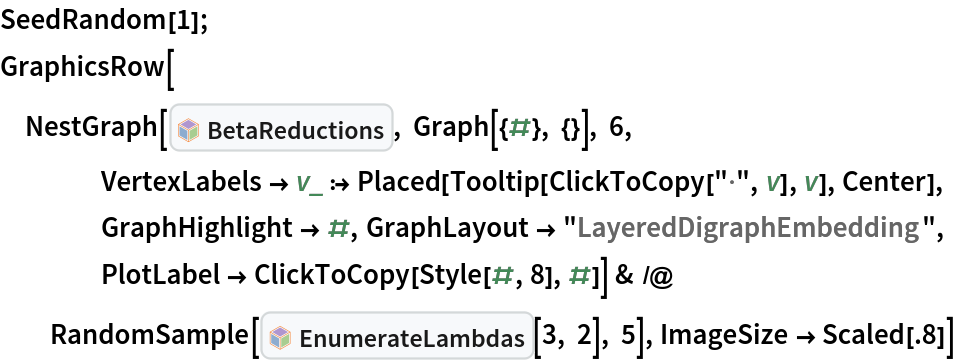 SeedRandom[1];
GraphicsRow[
 NestGraph[InterpretationBox[FrameBox[TagBox[TooltipBox[PaneBox[GridBox[List[List[GraphicsBox[List[Thickness[0.0025`], List[FaceForm[List[RGBColor[0.9607843137254902`, 0.5058823529411764`, 0.19607843137254902`], Opacity[1.`]]], FilledCurveBox[List[List[List[0, 2, 0], List[0, 1, 0], List[0, 1, 0], List[0, 1, 0], List[0, 1, 0]], List[List[0, 2, 0], List[0, 1, 0], List[0, 1, 0], List[0, 1, 0], List[0, 1, 0]], List[List[0, 2, 0], List[0, 1, 0], List[0, 1, 0], List[0, 1, 0], List[0, 1, 0], List[0, 1, 0]], List[List[0, 2, 0], List[1, 3, 3], List[0, 1, 0], List[1, 3, 3], List[0, 1, 0], List[1, 3, 3], List[0, 1, 0], List[1, 3, 3], List[1, 3, 3], List[0, 1, 0], List[1, 3, 3], List[0, 1, 0], List[1, 3, 3]]], List[List[List[205.`, 22.863691329956055`], List[205.`, 212.31669425964355`], List[246.01799774169922`, 235.99870109558105`], List[369.0710144042969`, 307.0436840057373`], List[369.0710144042969`, 117.59068870544434`], List[205.`, 22.863691329956055`]], List[List[30.928985595703125`, 307.0436840057373`], List[153.98200225830078`, 235.99870109558105`], List[195.`, 212.31669425964355`], List[195.`, 22.863691329956055`], List[30.928985595703125`, 117.59068870544434`], List[30.928985595703125`, 307.0436840057373`]], List[List[200.`, 410.42970085144043`], List[364.0710144042969`, 315.7036876678467`], List[241.01799774169922`, 244.65868949890137`], List[200.`, 220.97669792175293`], List[158.98200225830078`, 244.65868949890137`], List[35.928985595703125`, 315.7036876678467`], List[200.`, 410.42970085144043`]], List[List[376.5710144042969`, 320.03370475769043`], List[202.5`, 420.53370475769043`], List[200.95300006866455`, 421.42667961120605`], List[199.04699993133545`, 421.42667961120605`], List[197.5`, 420.53370475769043`], List[23.428985595703125`, 320.03370475769043`], List[21.882003784179688`, 319.1406993865967`], List[20.928985595703125`, 317.4896984100342`], List[20.928985595703125`, 315.7036876678467`], List[20.928985595703125`, 114.70369529724121`], List[20.928985595703125`, 112.91769218444824`], List[21.882003784179688`, 111.26669120788574`], List[23.428985595703125`, 110.37369346618652`], List[197.5`, 9.87369155883789`], List[198.27300024032593`, 9.426692008972168`], List[199.13700008392334`, 9.203690528869629`], List[200.`, 9.203690528869629`], List[200.86299991607666`, 9.203690528869629`], List[201.72699999809265`, 9.426692008972168`], List[202.5`, 9.87369155883789`], List[376.5710144042969`, 110.37369346618652`], List[378.1179962158203`, 111.26669120788574`], List[379.0710144042969`, 112.91769218444824`], List[379.0710144042969`, 114.70369529724121`], List[379.0710144042969`, 315.7036876678467`], List[379.0710144042969`, 317.4896984100342`], List[378.1179962158203`, 319.1406993865967`], List[376.5710144042969`, 320.03370475769043`]]]]], List[FaceForm[List[RGBColor[0.5529411764705883`, 0.6745098039215687`, 0.8117647058823529`], Opacity[1.`]]], FilledCurveBox[List[List[List[0, 2, 0], List[0, 1, 0], List[0, 1, 0], List[0, 1, 0]]], List[List[List[44.92900085449219`, 282.59088134765625`], List[181.00001525878906`, 204.0298843383789`], List[181.00001525878906`, 46.90887451171875`], List[44.92900085449219`, 125.46986389160156`], List[44.92900085449219`, 282.59088134765625`]]]]], List[FaceForm[List[RGBColor[0.6627450980392157`, 0.803921568627451`, 0.5686274509803921`], Opacity[1.`]]], FilledCurveBox[List[List[List[0, 2, 0], List[0, 1, 0], List[0, 1, 0], List[0, 1, 0]]], List[List[List[355.0710144042969`, 282.59088134765625`], List[355.0710144042969`, 125.46986389160156`], List[219.`, 46.90887451171875`], List[219.`, 204.0298843383789`], List[355.0710144042969`, 282.59088134765625`]]]]], List[FaceForm[List[RGBColor[0.6901960784313725`, 0.5882352941176471`, 0.8117647058823529`], Opacity[1.`]]], FilledCurveBox[List[List[List[0, 2, 0], List[0, 1, 0], List[0, 1, 0], List[0, 1, 0]]], List[List[List[200.`, 394.0606994628906`], List[336.0710144042969`, 315.4997024536133`], List[200.`, 236.93968200683594`], List[63.928985595703125`, 315.4997024536133`], List[200.`, 394.0606994628906`]]]]]], List[Rule[BaselinePosition, Scaled[0.15`]], Rule[ImageSize, 10], Rule[ImageSize, 15]]], StyleBox[RowBox[List["BetaReductions", " "]], Rule[ShowAutoStyles, False], Rule[ShowStringCharacters, False], Rule[FontSize, Times[0.9`, Inherited]], Rule[FontColor, GrayLevel[0.1`]]]]], Rule[GridBoxSpacings, List[Rule["Columns", List[List[0.25`]]]]]], Rule[Alignment, List[Left, Baseline]], Rule[BaselinePosition, Baseline], Rule[FrameMargins, List[List[3, 0], List[0, 0]]], Rule[BaseStyle, List[Rule[LineSpacing, List[0, 0]], Rule[LineBreakWithin, False]]]], RowBox[List["PacletSymbol", "[", RowBox[List["\"Wolfram/Lambda\"", ",", "\"Wolfram`Lambda`BetaReductions\""]], "]"]], Rule[TooltipStyle, List[Rule[ShowAutoStyles, True], Rule[ShowStringCharacters, True]]]], Function[Annotation[Slot[1], Style[Defer[PacletSymbol["Wolfram/Lambda", "Wolfram`Lambda`BetaReductions"]], Rule[ShowStringCharacters, True]], "Tooltip"]]], Rule[Background, RGBColor[0.968`, 0.976`, 0.984`]], Rule[BaselinePosition, Baseline], Rule[DefaultBaseStyle, List[]], Rule[FrameMargins, List[List[0, 0], List[1, 1]]], Rule[FrameStyle, RGBColor[0.831`, 0.847`, 0.85`]], Rule[RoundingRadius, 4]], PacletSymbol["Wolfram/Lambda", "Wolfram`Lambda`BetaReductions"], Rule[Selectable, False], Rule[SelectWithContents, True], Rule[BoxID, "PacletSymbolBox"]], Graph[{#}, {}], 6, VertexLabels -> v_ :> Placed[Tooltip[ClickToCopy["\[CenterDot]", v], v], Center], GraphHighlight -> #, GraphLayout -> "LayeredDigraphEmbedding", PlotLabel -> ClickToCopy[Style[#, 8], #]] & /@ RandomSample[InterpretationBox[FrameBox[TagBox[TooltipBox[PaneBox[GridBox[List[List[GraphicsBox[List[Thickness[0.0025`], List[FaceForm[List[RGBColor[0.9607843137254902`, 0.5058823529411764`, 0.19607843137254902`], Opacity[1.`]]], FilledCurveBox[List[List[List[0, 2, 0], List[0, 1, 0], List[0, 1, 0], List[0, 1, 0], List[0, 1, 0]], List[List[0, 2, 0], List[0, 1, 0], List[0, 1, 0], List[0, 1, 0], List[0, 1, 0]], List[List[0, 2, 0], List[0, 1, 0], List[0, 1, 0], List[0, 1, 0], List[0, 1, 0], List[0, 1, 0]], List[List[0, 2, 0], List[1, 3, 3], List[0, 1, 0], List[1, 3, 3], List[0, 1, 0], List[1, 3, 3], List[0, 1, 0], List[1, 3, 3], List[1, 3, 3], List[0, 1, 0], List[1, 3, 3], List[0, 1, 0], List[1, 3, 3]]], List[List[List[205.`, 22.863691329956055`], List[205.`, 212.31669425964355`], List[246.01799774169922`, 235.99870109558105`], List[369.0710144042969`, 307.0436840057373`], List[369.0710144042969`, 117.59068870544434`], List[205.`, 22.863691329956055`]], List[List[30.928985595703125`, 307.0436840057373`], List[153.98200225830078`, 235.99870109558105`], List[195.`, 212.31669425964355`], List[195.`, 22.863691329956055`], List[30.928985595703125`, 117.59068870544434`], List[30.928985595703125`, 307.0436840057373`]], List[List[200.`, 410.42970085144043`], List[364.0710144042969`, 315.7036876678467`], List[241.01799774169922`, 244.65868949890137`], List[200.`, 220.97669792175293`], List[158.98200225830078`, 244.65868949890137`], List[35.928985595703125`, 315.7036876678467`], List[200.`, 410.42970085144043`]], List[List[376.5710144042969`, 320.03370475769043`], List[202.5`, 420.53370475769043`], List[200.95300006866455`, 421.42667961120605`], List[199.04699993133545`, 421.42667961120605`], List[197.5`, 420.53370475769043`], List[23.428985595703125`, 320.03370475769043`], List[21.882003784179688`, 319.1406993865967`], List[20.928985595703125`, 317.4896984100342`], List[20.928985595703125`, 315.7036876678467`], List[20.928985595703125`, 114.70369529724121`], List[20.928985595703125`, 112.91769218444824`], List[21.882003784179688`, 111.26669120788574`], List[23.428985595703125`, 110.37369346618652`], List[197.5`, 9.87369155883789`], List[198.27300024032593`, 9.426692008972168`], List[199.13700008392334`, 9.203690528869629`], List[200.`, 9.203690528869629`], List[200.86299991607666`, 9.203690528869629`], List[201.72699999809265`, 9.426692008972168`], List[202.5`, 9.87369155883789`], List[376.5710144042969`, 110.37369346618652`], List[378.1179962158203`, 111.26669120788574`], List[379.0710144042969`, 112.91769218444824`], List[379.0710144042969`, 114.70369529724121`], List[379.0710144042969`, 315.7036876678467`], List[379.0710144042969`, 317.4896984100342`], List[378.1179962158203`, 319.1406993865967`], List[376.5710144042969`, 320.03370475769043`]]]]], List[FaceForm[List[RGBColor[0.5529411764705883`, 0.6745098039215687`, 0.8117647058823529`], Opacity[1.`]]], FilledCurveBox[List[List[List[0, 2, 0], List[0, 1, 0], List[0, 1, 0], List[0, 1, 0]]], List[List[List[44.92900085449219`, 282.59088134765625`], List[181.00001525878906`, 204.0298843383789`], List[181.00001525878906`, 46.90887451171875`], List[44.92900085449219`, 125.46986389160156`], List[44.92900085449219`, 282.59088134765625`]]]]], List[FaceForm[List[RGBColor[0.6627450980392157`, 0.803921568627451`, 0.5686274509803921`], Opacity[1.`]]], FilledCurveBox[List[List[List[0, 2, 0], List[0, 1, 0], List[0, 1, 0], List[0, 1, 0]]], List[List[List[355.0710144042969`, 282.59088134765625`], List[355.0710144042969`, 125.46986389160156`], List[219.`, 46.90887451171875`], List[219.`, 204.0298843383789`], List[355.0710144042969`, 282.59088134765625`]]]]], List[FaceForm[List[RGBColor[0.6901960784313725`, 0.5882352941176471`, 0.8117647058823529`], Opacity[1.`]]], FilledCurveBox[List[List[List[0, 2, 0], List[0, 1, 0], List[0, 1, 0], List[0, 1, 0]]], List[List[List[200.`, 394.0606994628906`], List[336.0710144042969`, 315.4997024536133`], List[200.`, 236.93968200683594`], List[63.928985595703125`, 315.4997024536133`], List[200.`, 394.0606994628906`]]]]]], List[Rule[BaselinePosition, Scaled[0.15`]], Rule[ImageSize, 10], Rule[ImageSize, 15]]], StyleBox[RowBox[List["EnumerateLambdas", " "]], Rule[ShowAutoStyles, False], Rule[ShowStringCharacters, False], Rule[FontSize, Times[0.9`, Inherited]], Rule[FontColor, GrayLevel[0.1`]]]]], Rule[GridBoxSpacings, List[Rule["Columns", List[List[0.25`]]]]]], Rule[Alignment, List[Left, Baseline]], Rule[BaselinePosition, Baseline], Rule[FrameMargins, List[List[3, 0], List[0, 0]]], Rule[BaseStyle, List[Rule[LineSpacing, List[0, 0]], Rule[LineBreakWithin, False]]]], RowBox[List["PacletSymbol", "[", RowBox[List["\"Wolfram/Lambda\"", ",", "\"Wolfram`Lambda`EnumerateLambdas\""]], "]"]], Rule[TooltipStyle, List[Rule[ShowAutoStyles, True], Rule[ShowStringCharacters, True]]]], Function[Annotation[Slot[1], Style[Defer[PacletSymbol["Wolfram/Lambda", "Wolfram`Lambda`EnumerateLambdas"]], Rule[ShowStringCharacters, True]], "Tooltip"]]], Rule[Background, RGBColor[0.968`, 0.976`, 0.984`]], Rule[BaselinePosition, Baseline], Rule[DefaultBaseStyle, List[]], Rule[FrameMargins, List[List[0, 0], List[1, 1]]], Rule[FrameStyle, RGBColor[0.831`, 0.847`, 0.85`]], Rule[RoundingRadius, 4]], PacletSymbol["Wolfram/Lambda", "Wolfram`Lambda`EnumerateLambdas"], Rule[Selectable, False], Rule[SelectWithContents, True], Rule[BoxID, "PacletSymbolBox"]][3, 2], 5], ImageSize -> Scaled[.8]]